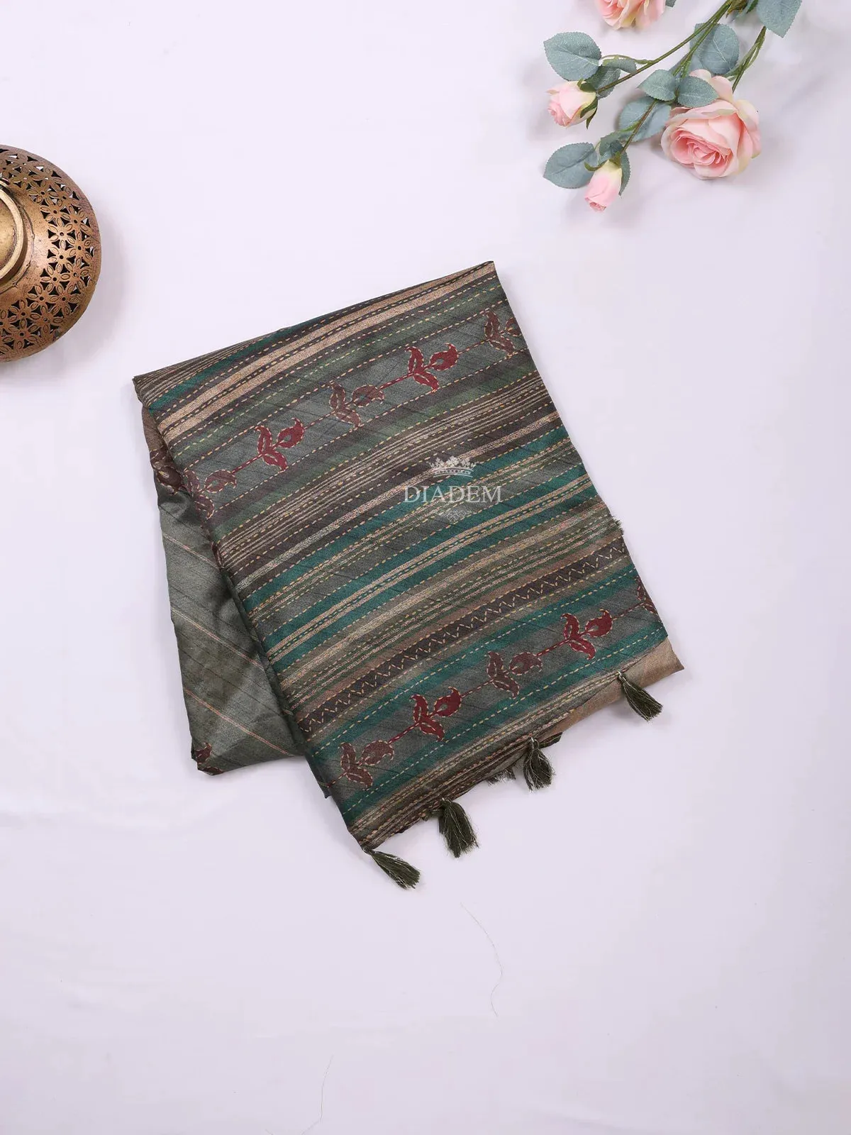 Dark Green Semi Tussar Silk Saree with Stripes and Floral Design on the Body and without Border