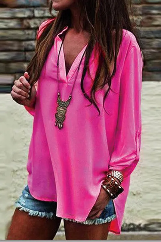 Deep V-neck Pure Color Long Sleeve Loose T-shirt