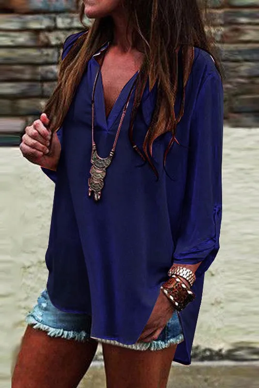 Deep V-neck Pure Color Long Sleeve Loose T-shirt