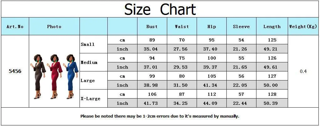 Deep V-neck Solid Color High Waist Long  Lantern Sleeves Women Tee-length Dress