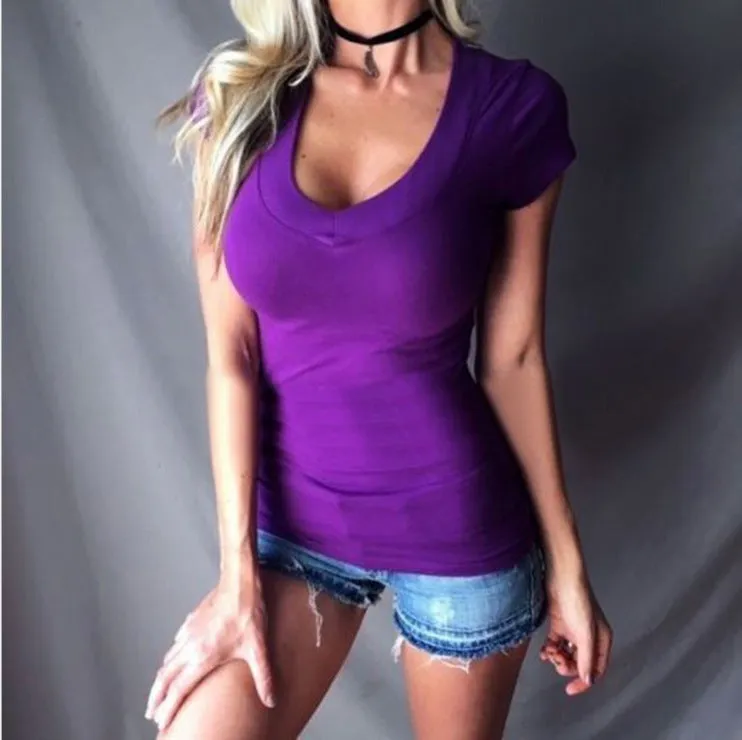 Deep V-neck Solid Color Short Sleeves Slim T-shirt