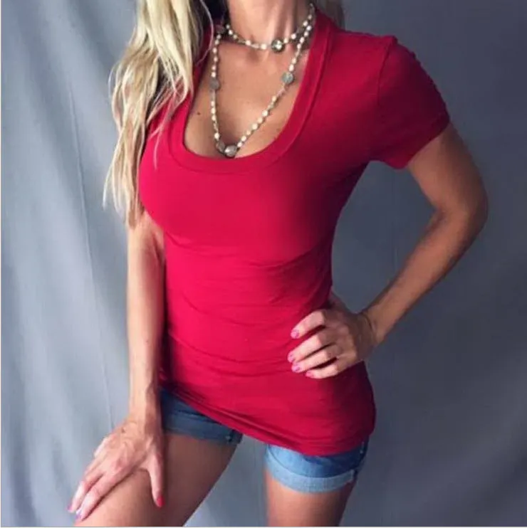 Deep V-neck Solid Color Short Sleeves Slim T-shirt