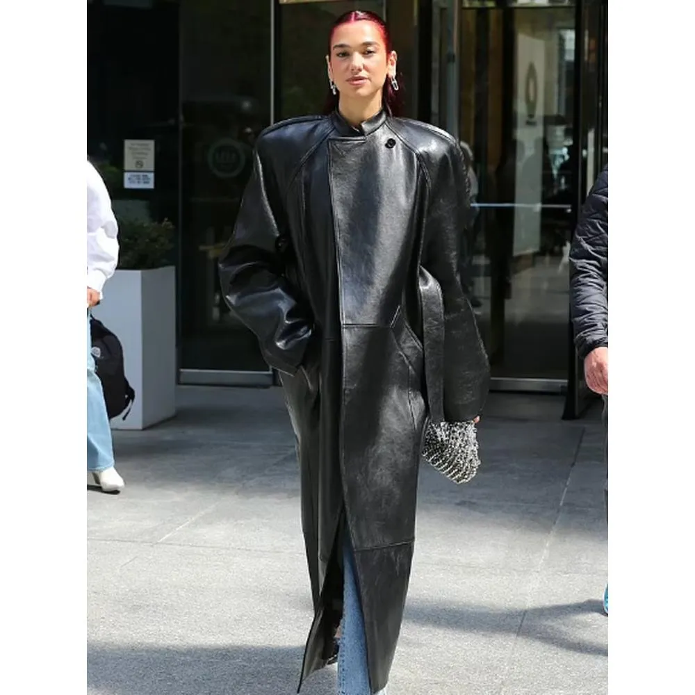 Dua Lipa The Matrix Black Leather Long Coat