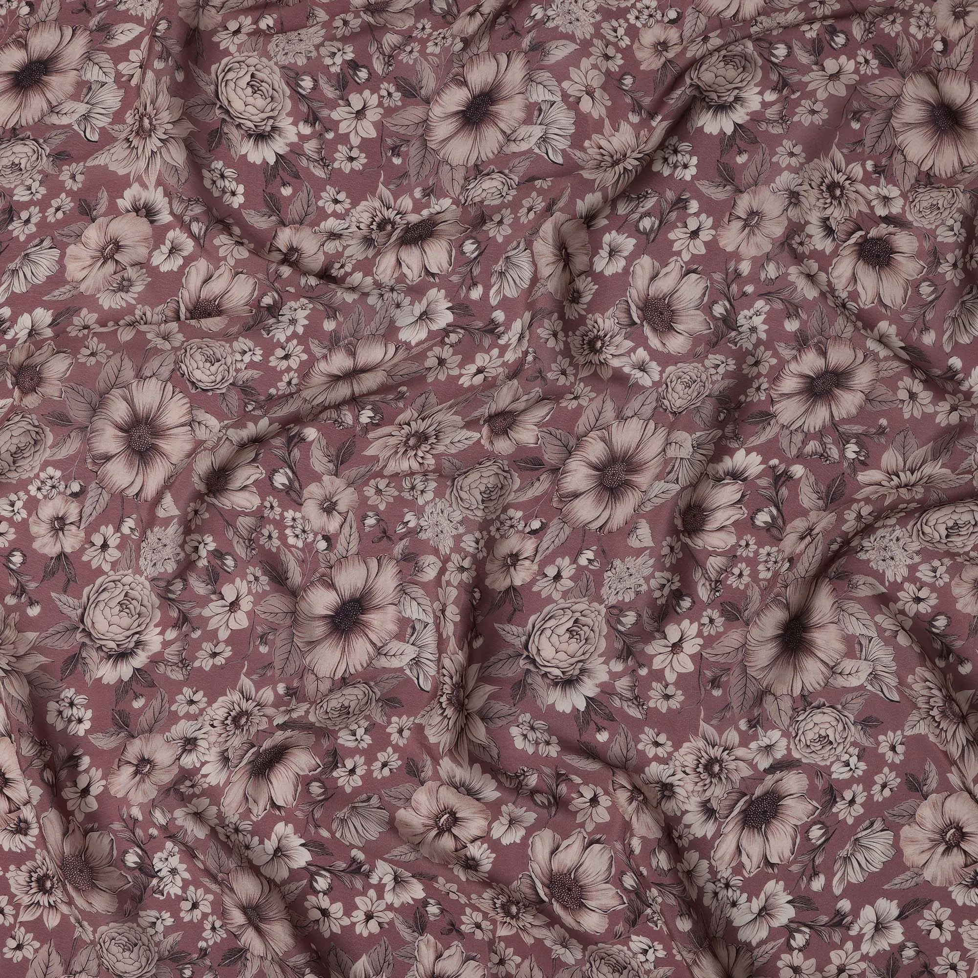 Dusty Rose Viscose Digital Printed Fabric with Vintage Floral Design, 110 cm Width-D21312