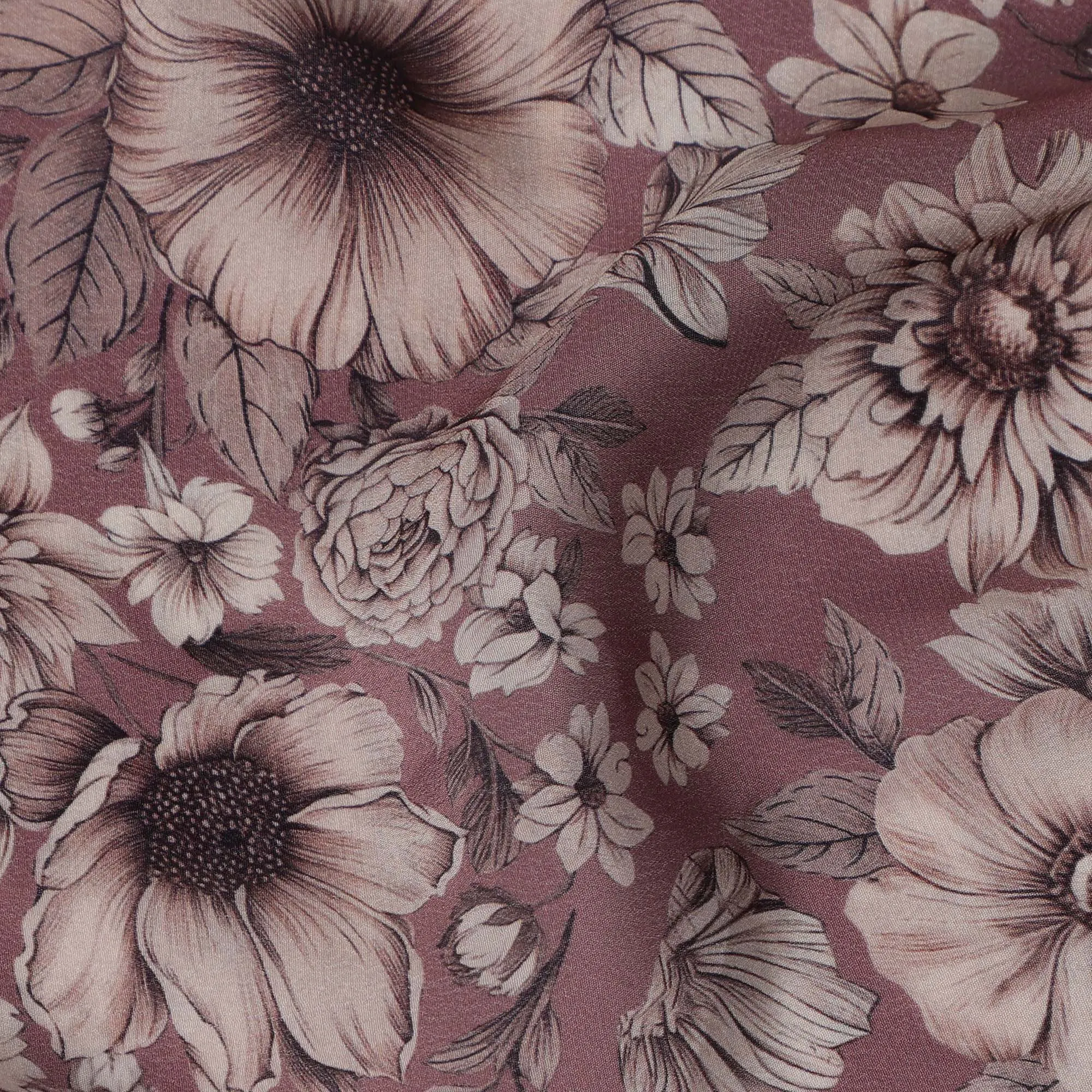 Dusty Rose Viscose Digital Printed Fabric with Vintage Floral Design, 110 cm Width-D21312