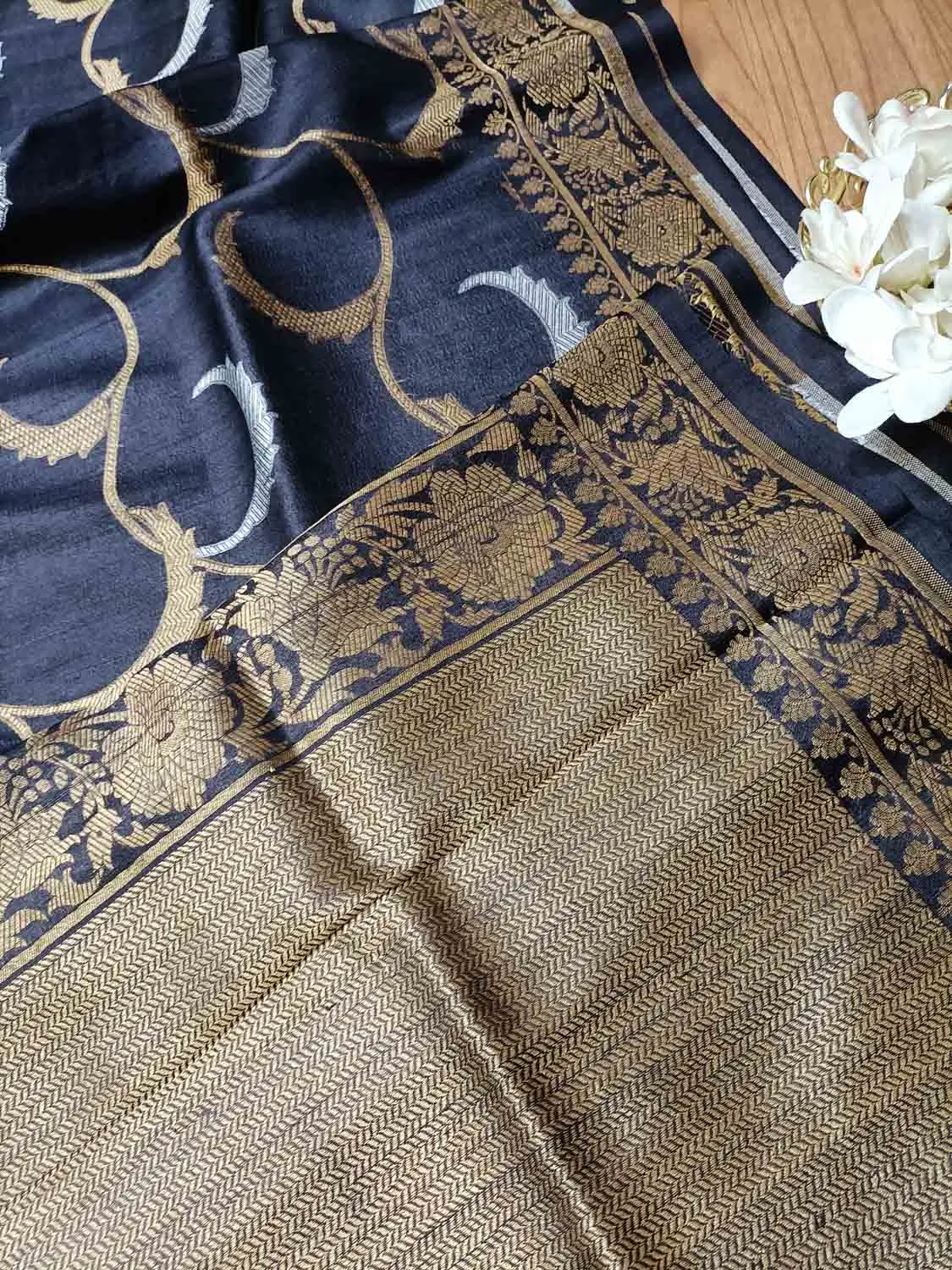 Elegant Black Banarasi Tussar Silk Saree