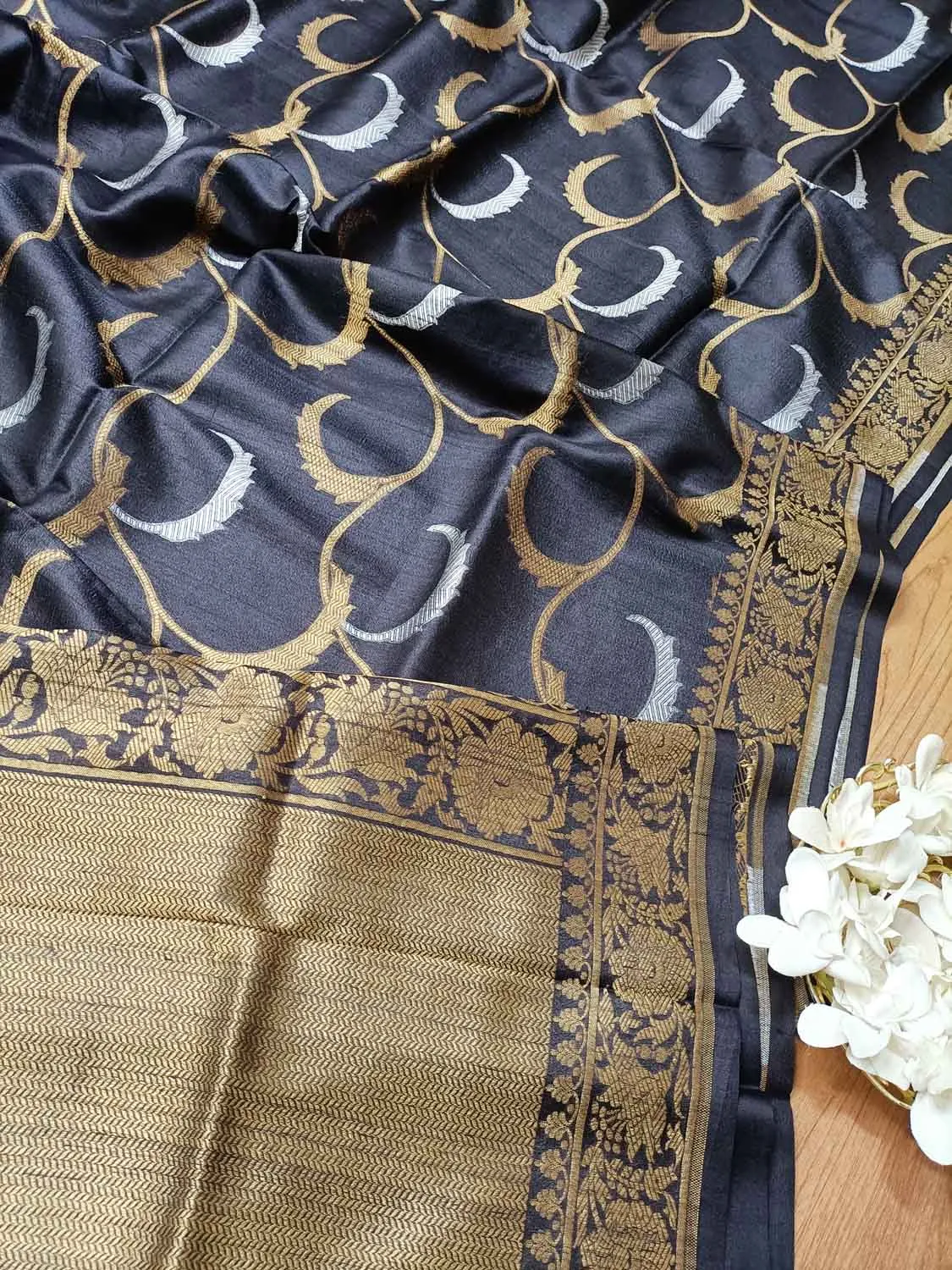 Elegant Black Banarasi Tussar Silk Saree