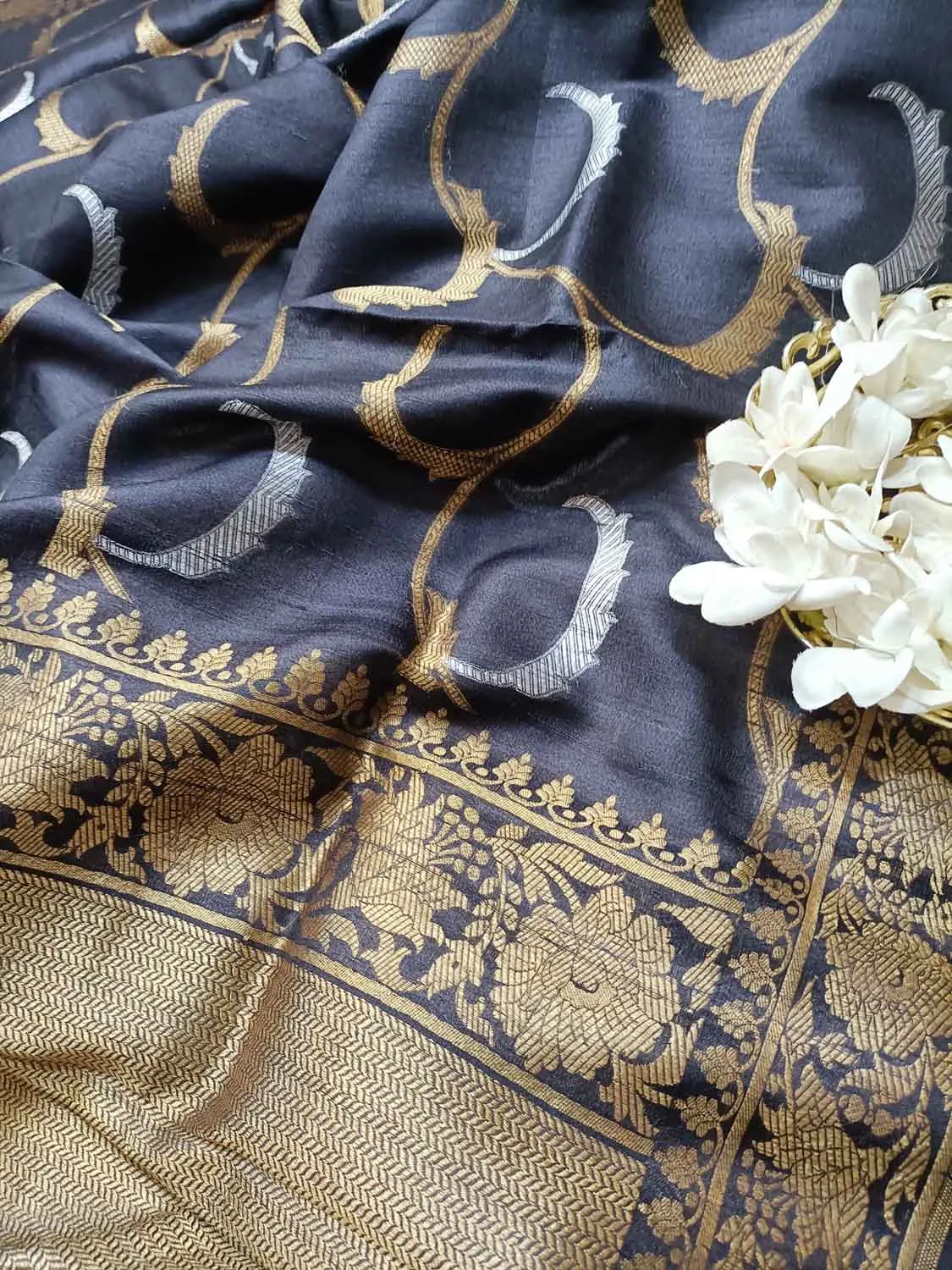 Elegant Black Banarasi Tussar Silk Saree