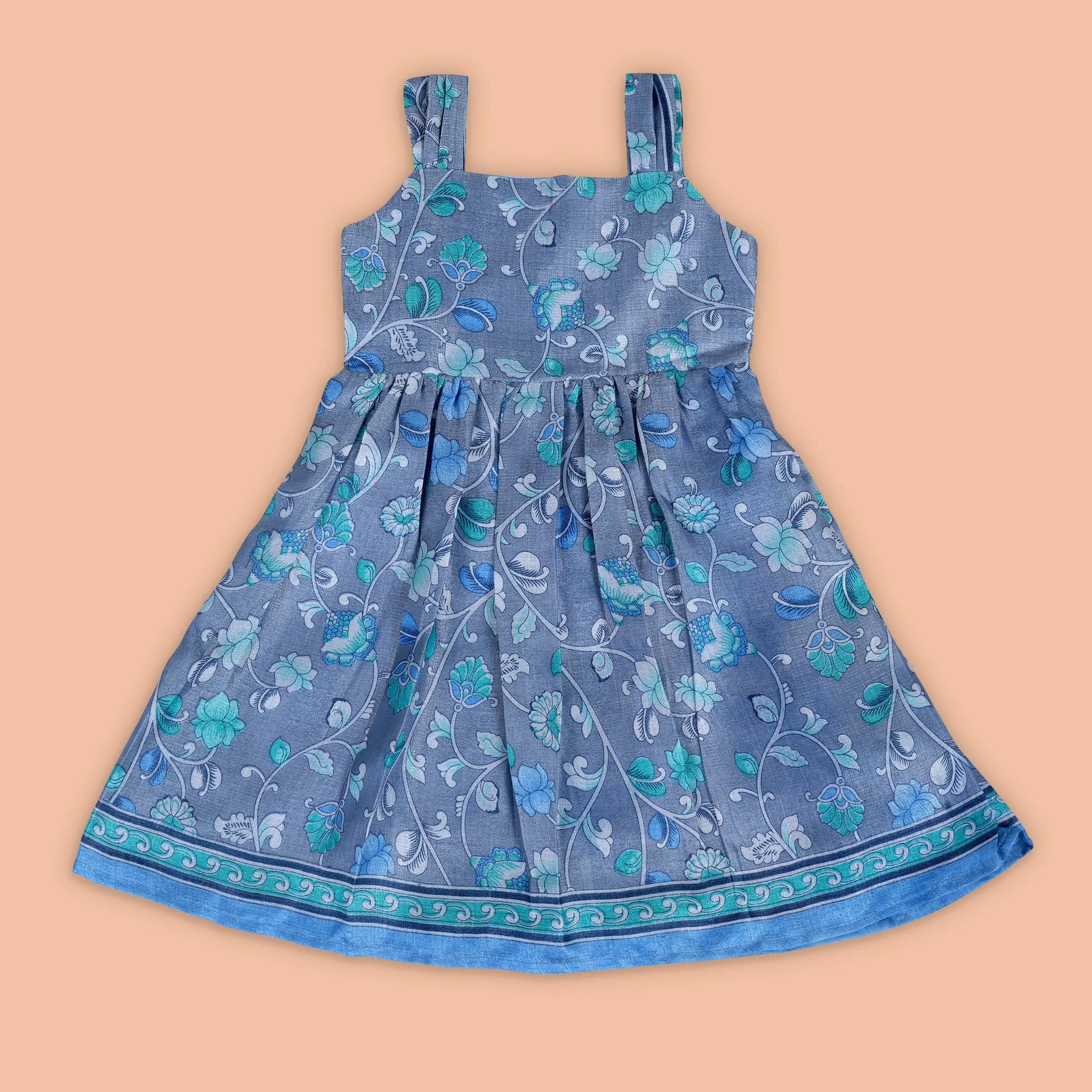 Elegant Blue Floral Patterned Summer Frock for Girls