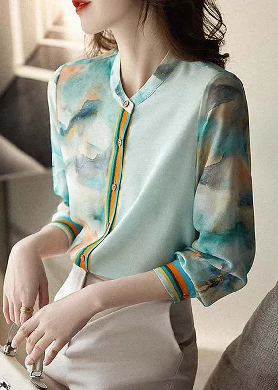 Elegant Blue Print Button Silk Blouses Spring QA1083