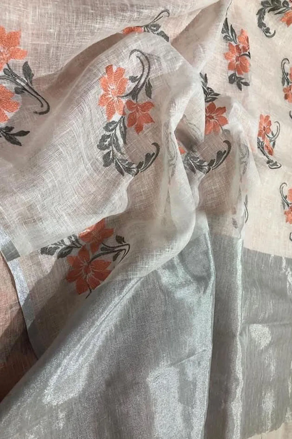 Elegant Off White Linen Saree with Embroidery