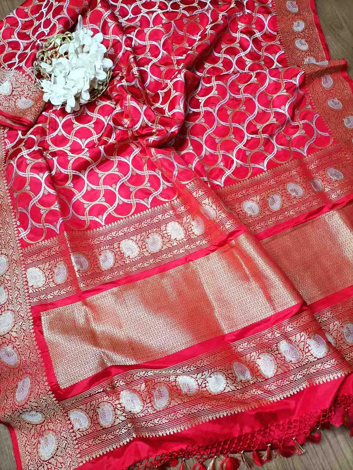 Elegant Red Banarasi Katan Silk Saree with Intricate Jaal Work