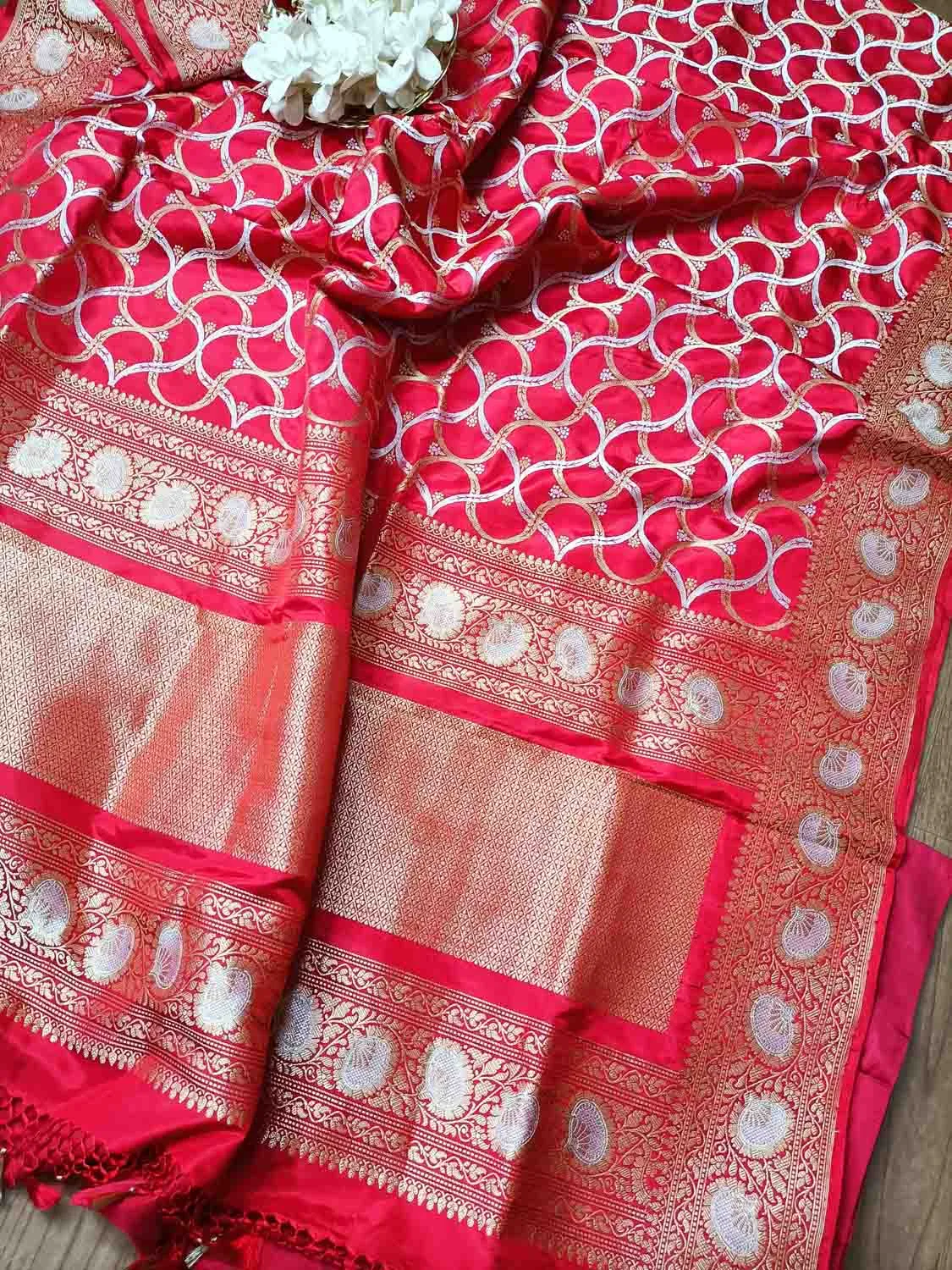 Elegant Red Banarasi Katan Silk Saree with Intricate Jaal Work