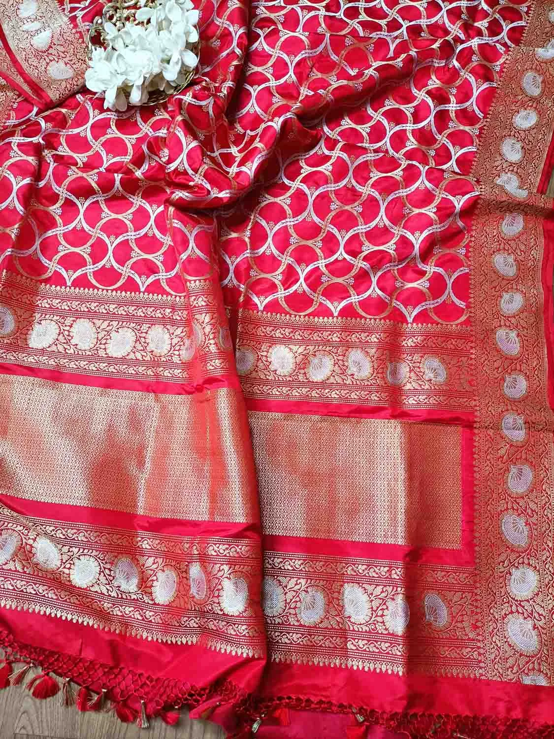 Elegant Red Banarasi Katan Silk Saree with Intricate Jaal Work