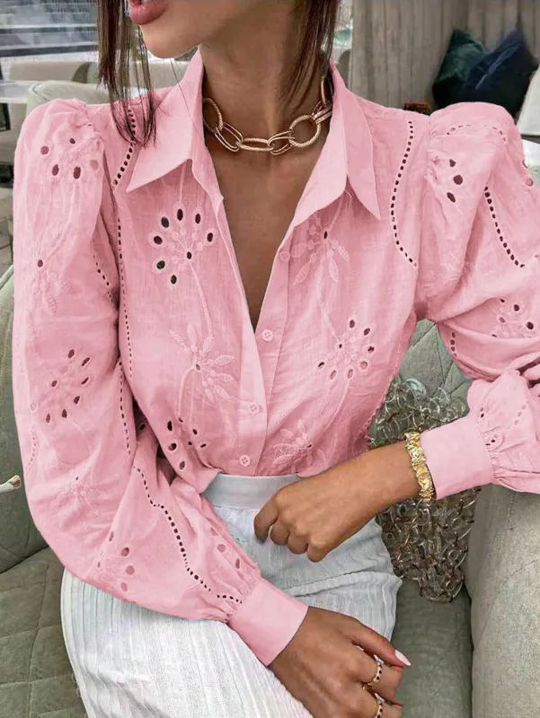 Embroidered Puff Sleeve Shirt Long Sleeve Blouse