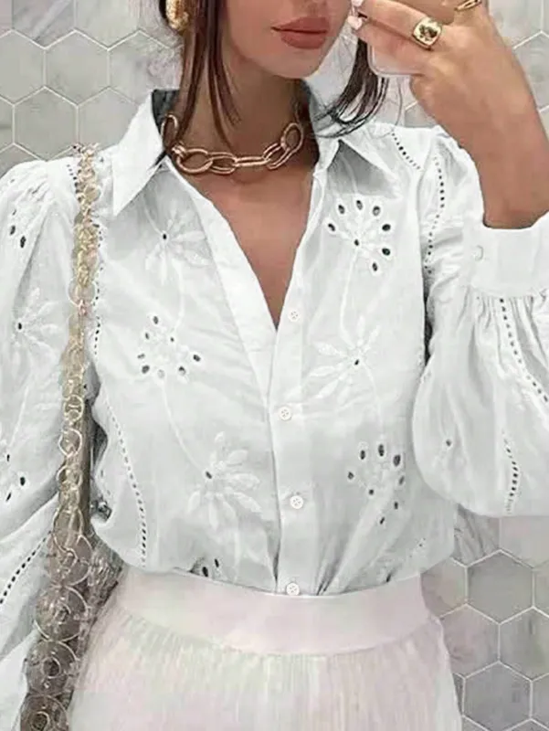 Embroidered Puff Sleeve Shirt Long Sleeve Blouse