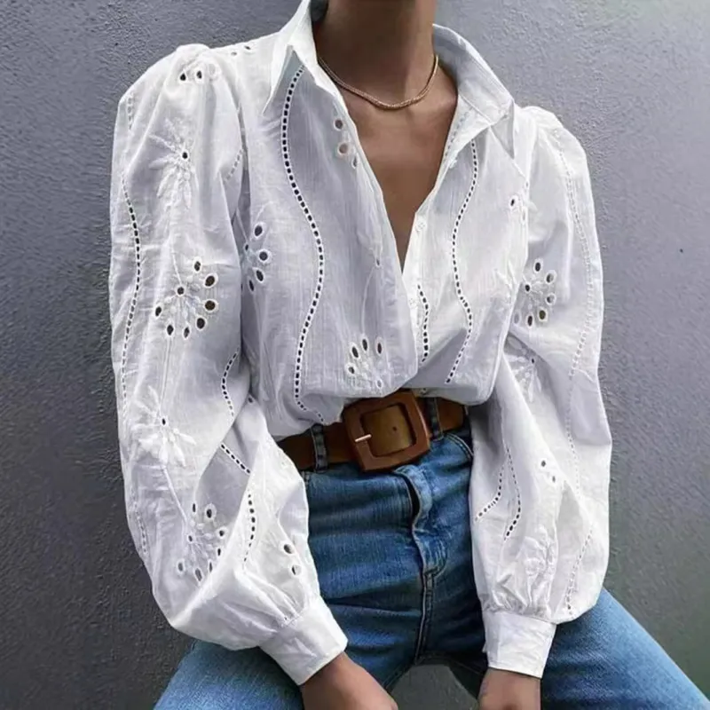 Embroidered Puff Sleeve Shirt Long Sleeve Blouse