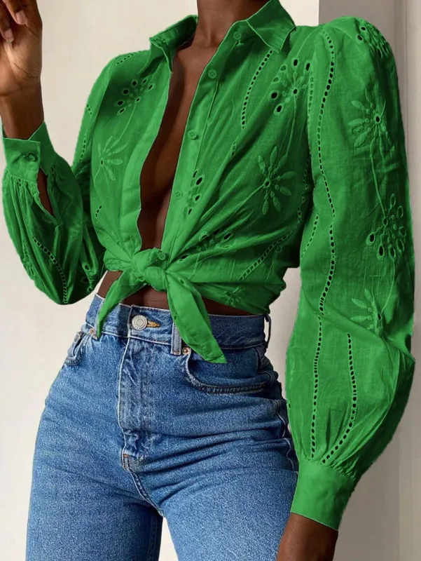 Embroidered Puff Sleeve Shirt Long Sleeve Blouse