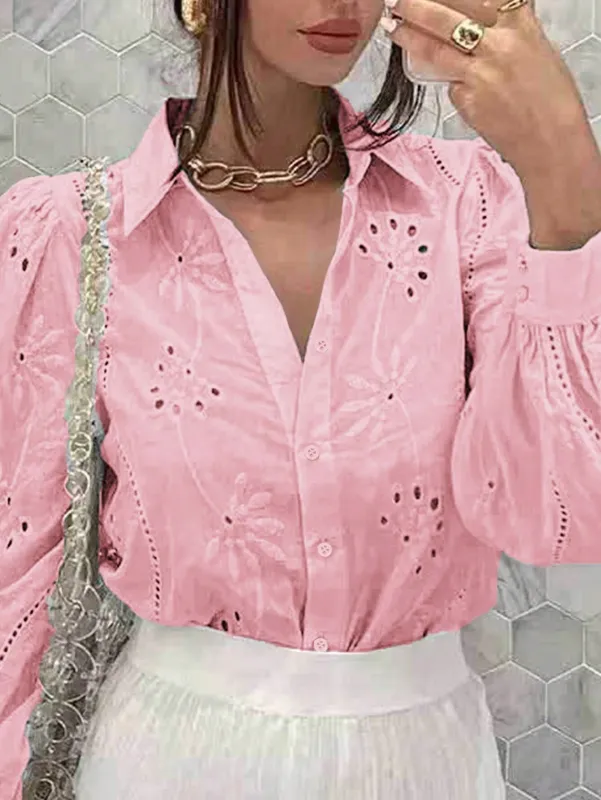 Embroidered Puff Sleeve Shirt Long Sleeve Blouse