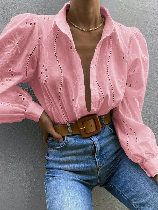 Embroidered Puff Sleeve Shirt Long Sleeve Blouse