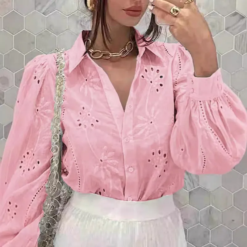 Embroidered Puff Sleeve Shirt Long Sleeve Blouse