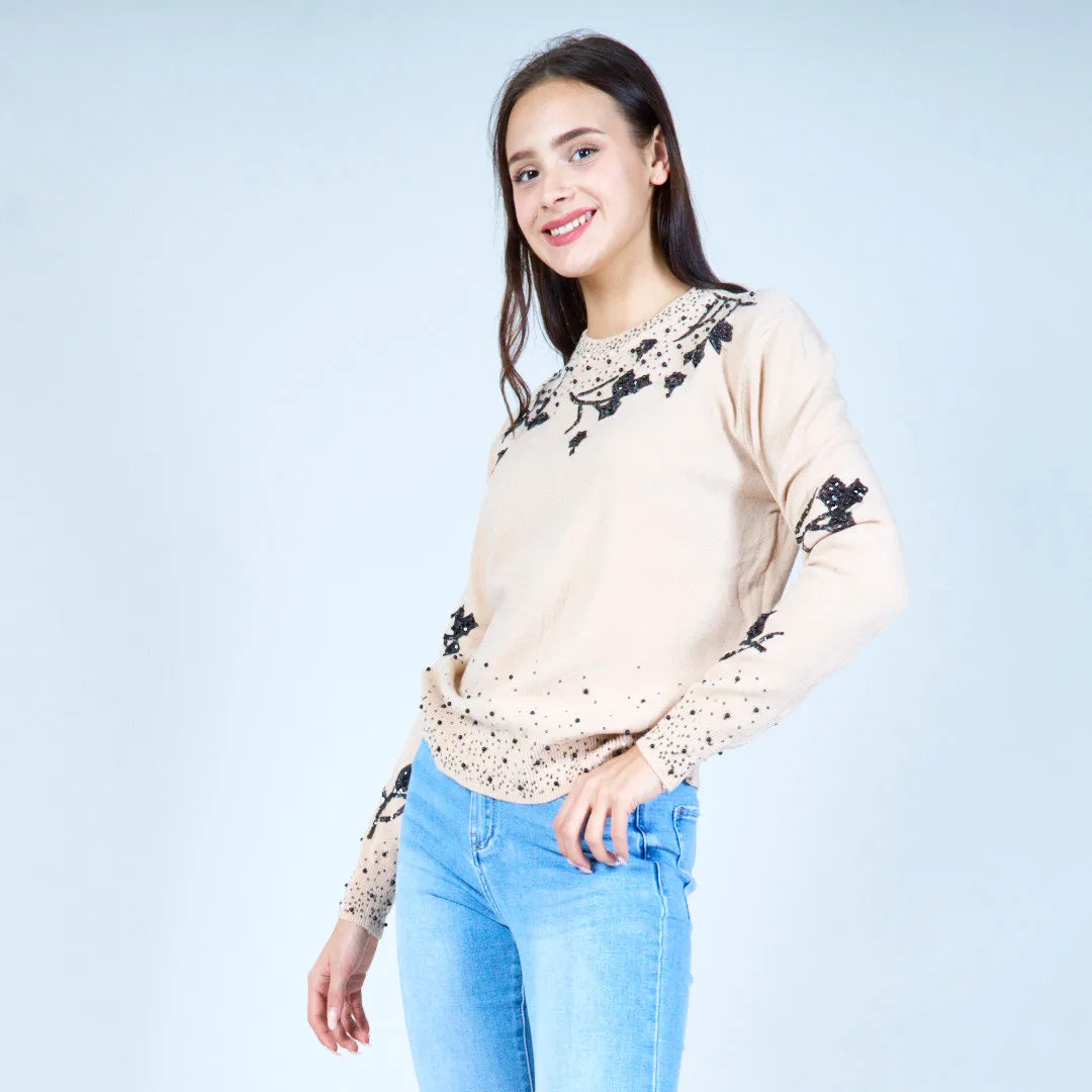 Floral embellished crewneck sweater wholesale