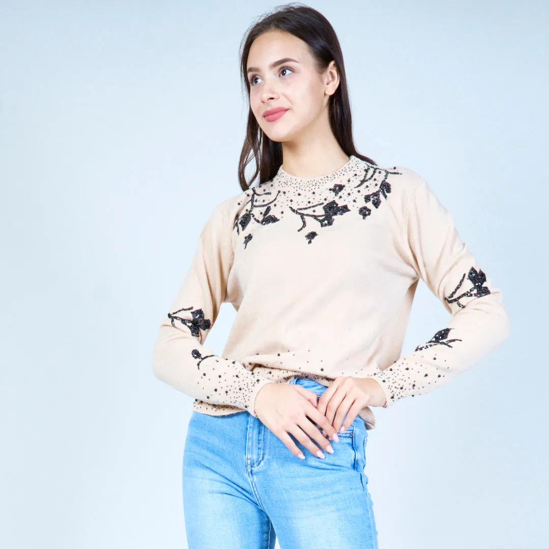 Floral embellished crewneck sweater wholesale