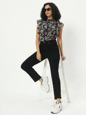 Floral Printed Mandarin Collar Flutter Sleeve Georgette Top