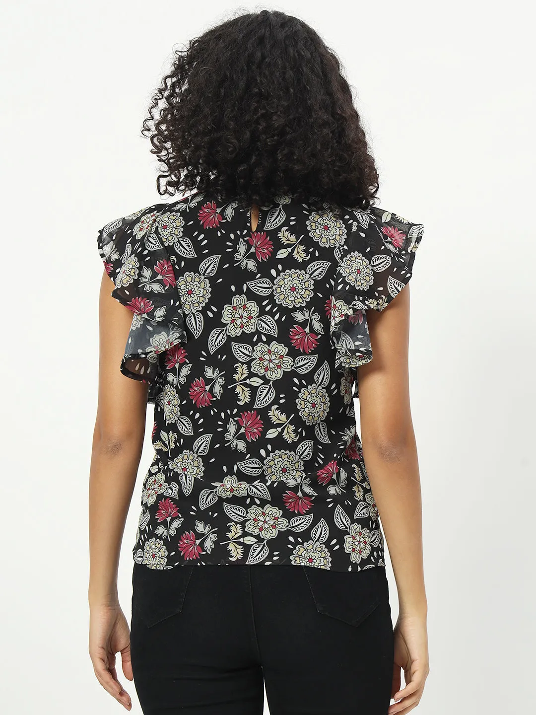 Floral Printed Mandarin Collar Flutter Sleeve Georgette Top