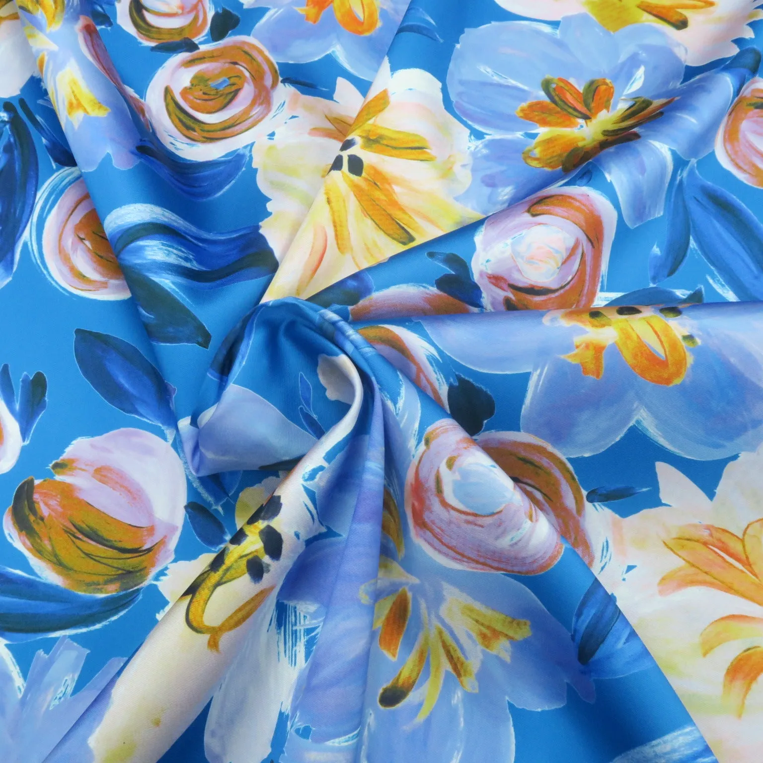 Florals on a Light Blue Background Printed Polyester Mikado Fabric