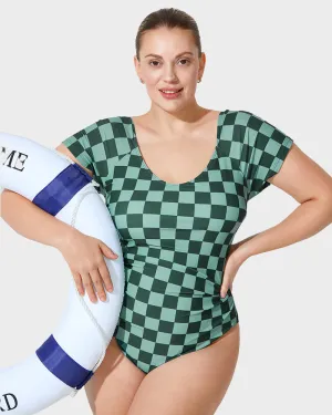 Green Check Short Sleeve Modest One-Piece Swimsuit