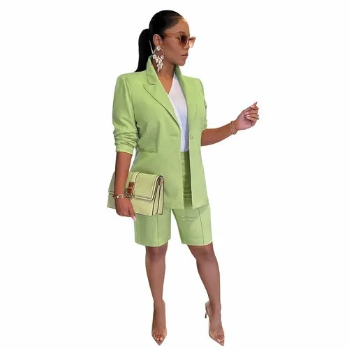 Green Women's Casual Suit Set with Blazer and Shorts - Fern and Oak