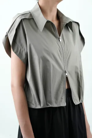 Grey Double Zipper Pleated Hem Top