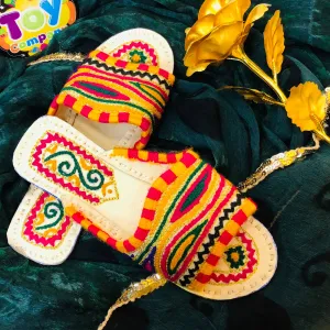 Hand-Made Multani Flat Chappal - Multi Color