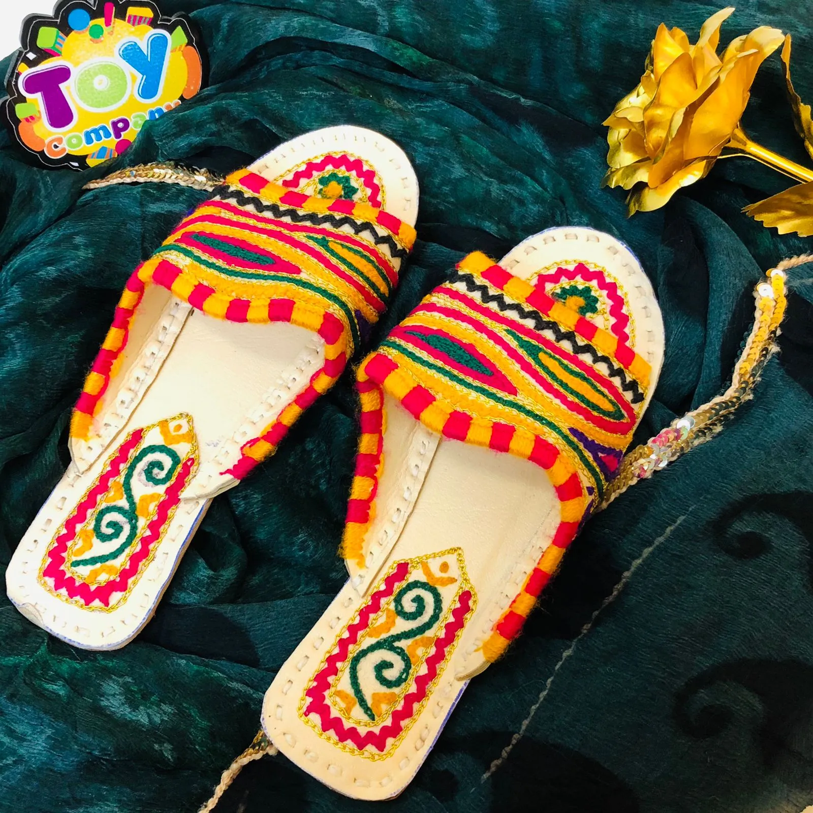 Hand-Made Multani Flat Chappal - Multi Color