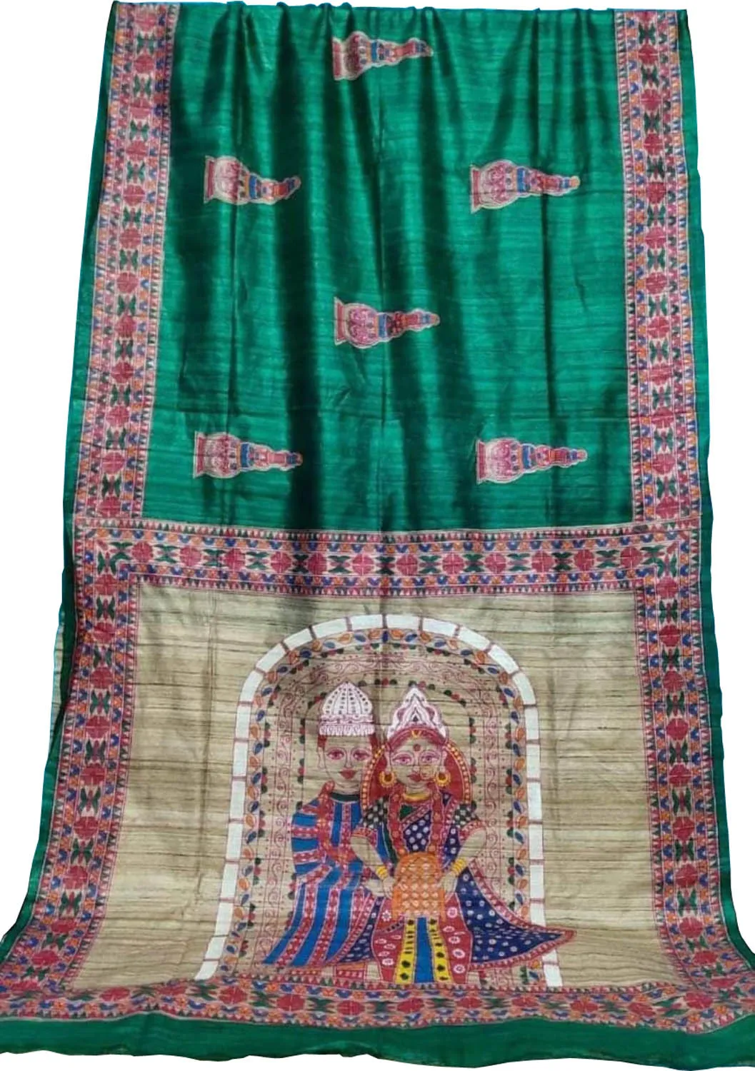 Hand Painted Green Silk Saree with Madhubani Art