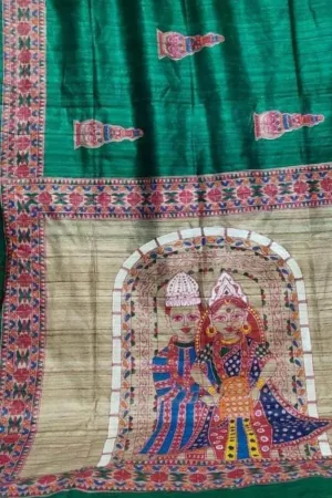 Hand Painted Green Silk Saree with Madhubani Art