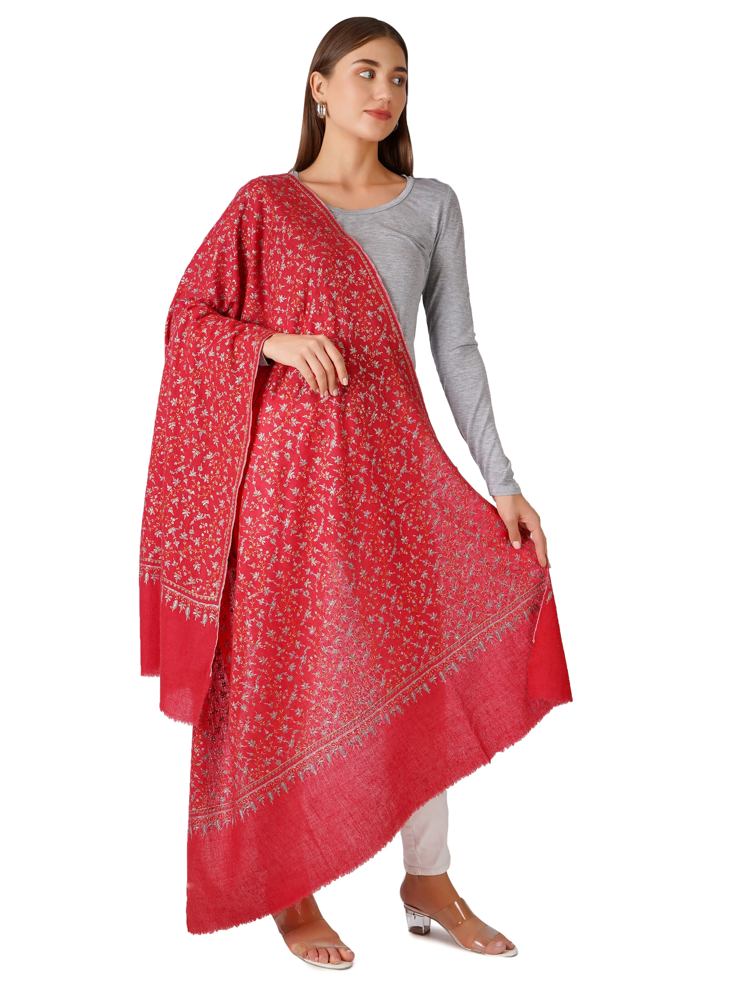 Handcrafted Pashmina Shawl with Floral Designs - Red