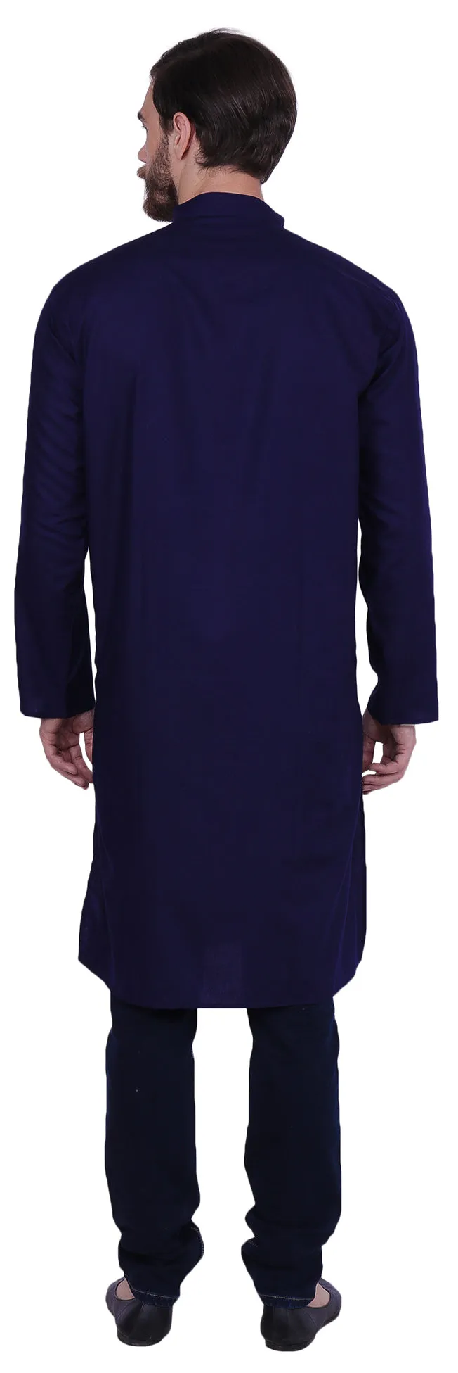 India Cotton Men's Long Kurta Indian Clothing Solid Color (Blue)