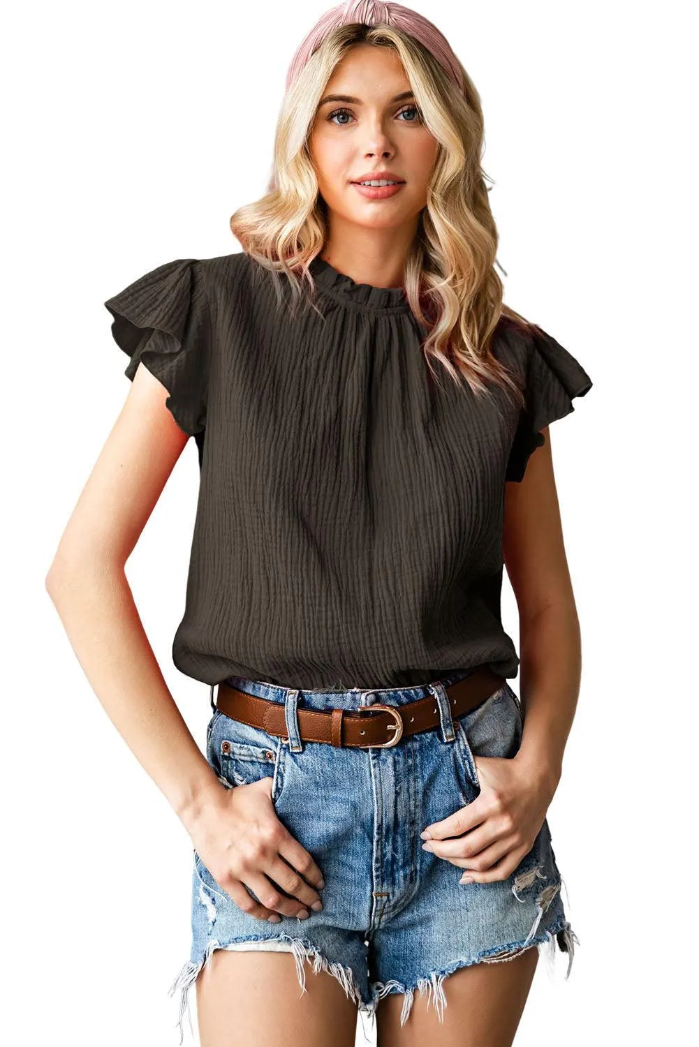 Jenna Crinkled Ruffle Casual Blouse