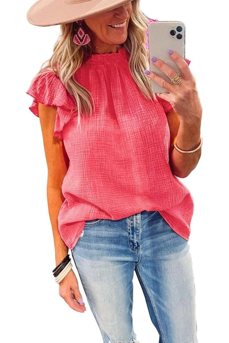 Jenna Crinkled Ruffle Casual Blouse