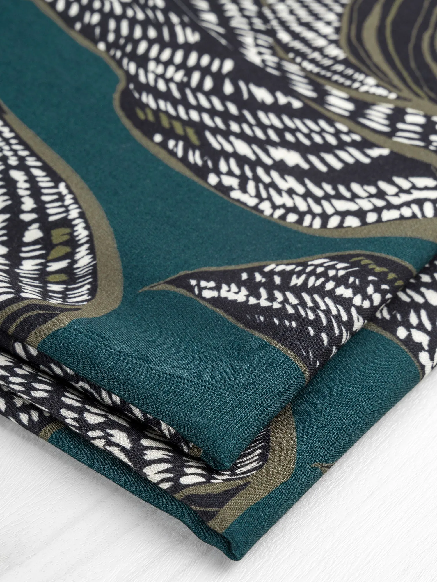 Large Graphic Leaf Print EcoVero Challis - Dark Teal   Olive   Black