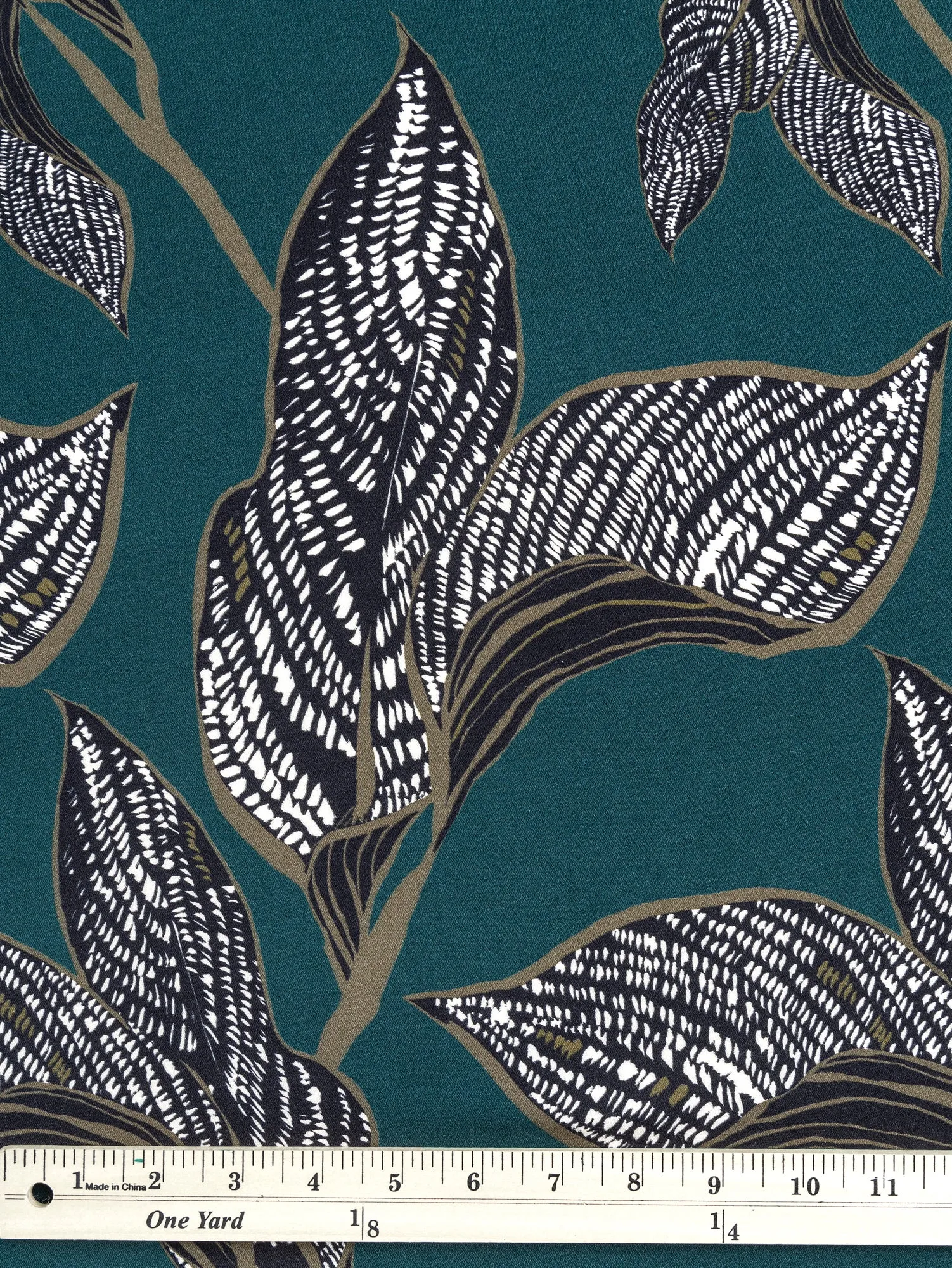 Large Graphic Leaf Print EcoVero Challis - Dark Teal   Olive   Black