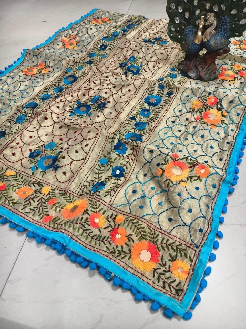 Light Blue Silk Pom Pom Phulkari Dupatta with Exquisite Handwork Embroidery