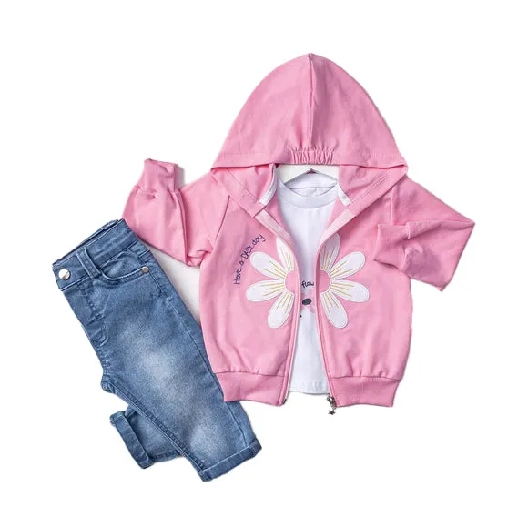 Little Girls' Colorful Hoodie Jacket, Jeans and T-Shirt 3-Piece Set