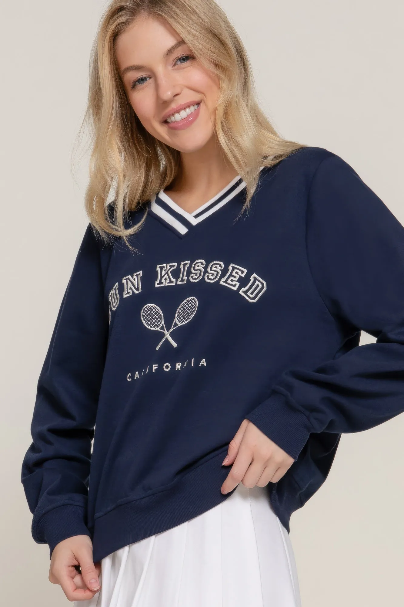 Long slv v-neck embroidered sweatshirt