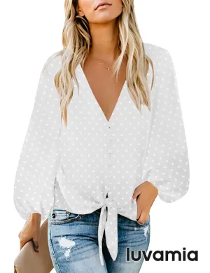 luvamia Women's Casual Long Balloon Sleeve V Neck Loose Button Down Shirts Tie Knot Tops Blouse