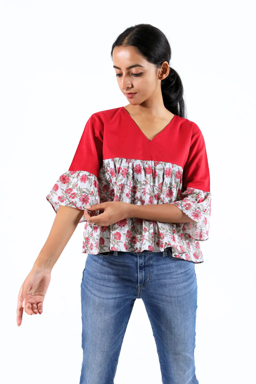 Maroon Flared Block Printed Top