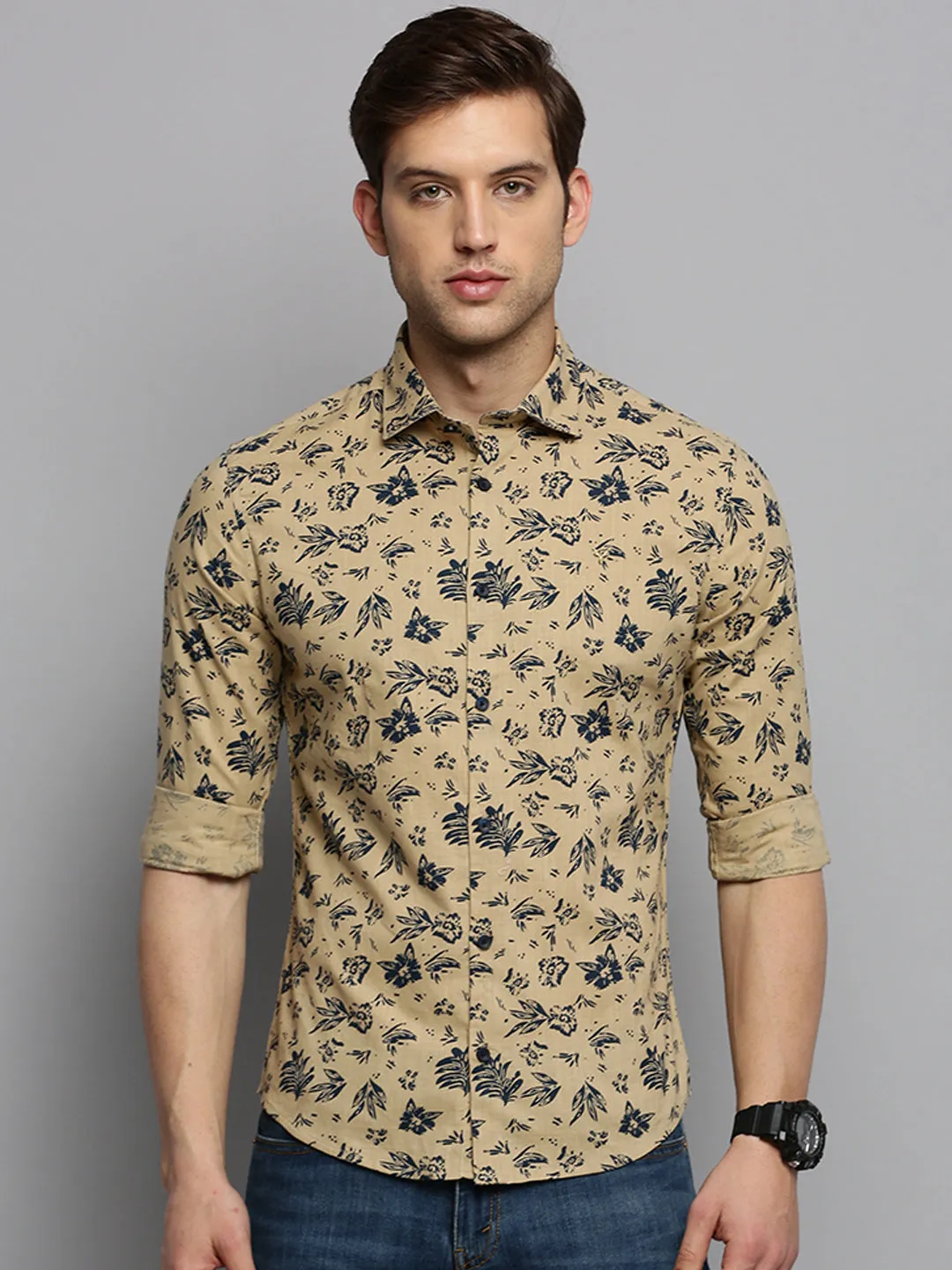 Men Khaki Printed Casual Shirt