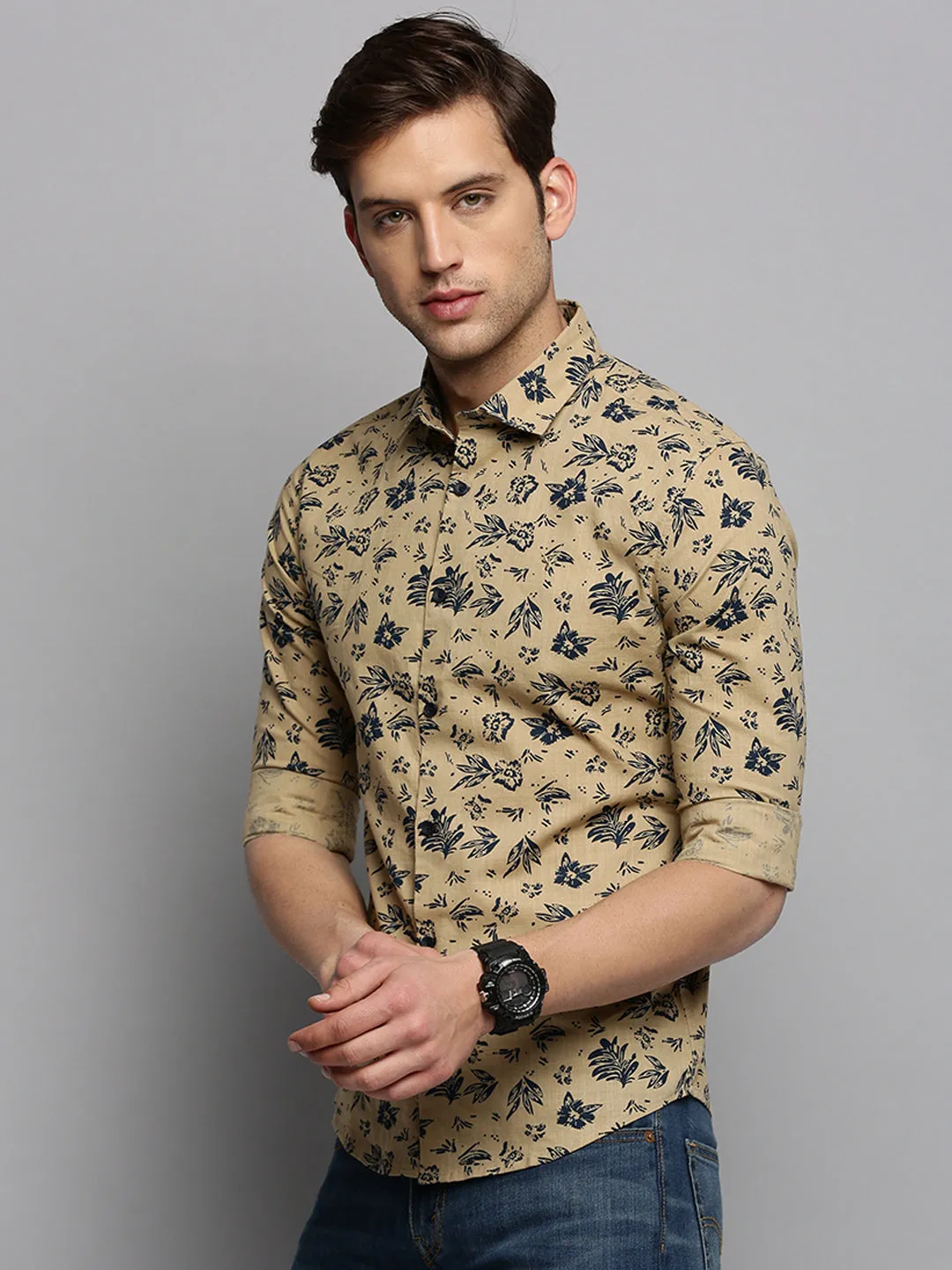 Men Khaki Printed Casual Shirt